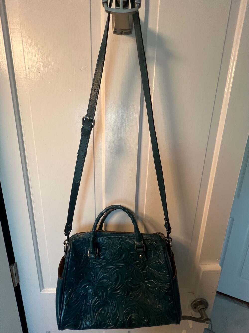Patricia Nash Paris Soft Green Tooled Leather Satchel Handbag